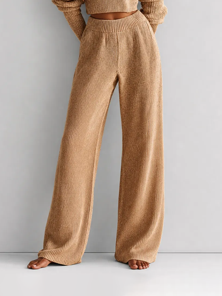 Women's Elegant Casual Camel Wool-Knit Off-Shoulder Long-Sleeve Cropped Top & High-Waisted Wide-Leg Trouser Set MDZ2788G5CMX