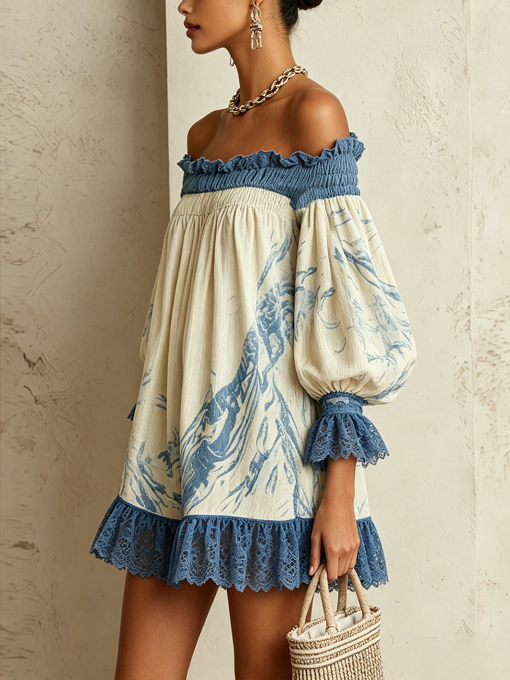 Off-Shoulder Cream And Blue Mini Dress With Lace Trim And Puff Sleeves