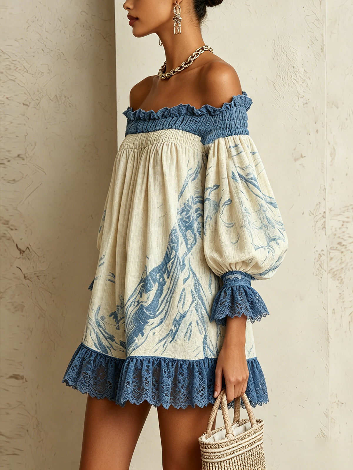 Off-Shoulder Cream And Blue Mini Dress With Lace Trim And Puff Sleeves