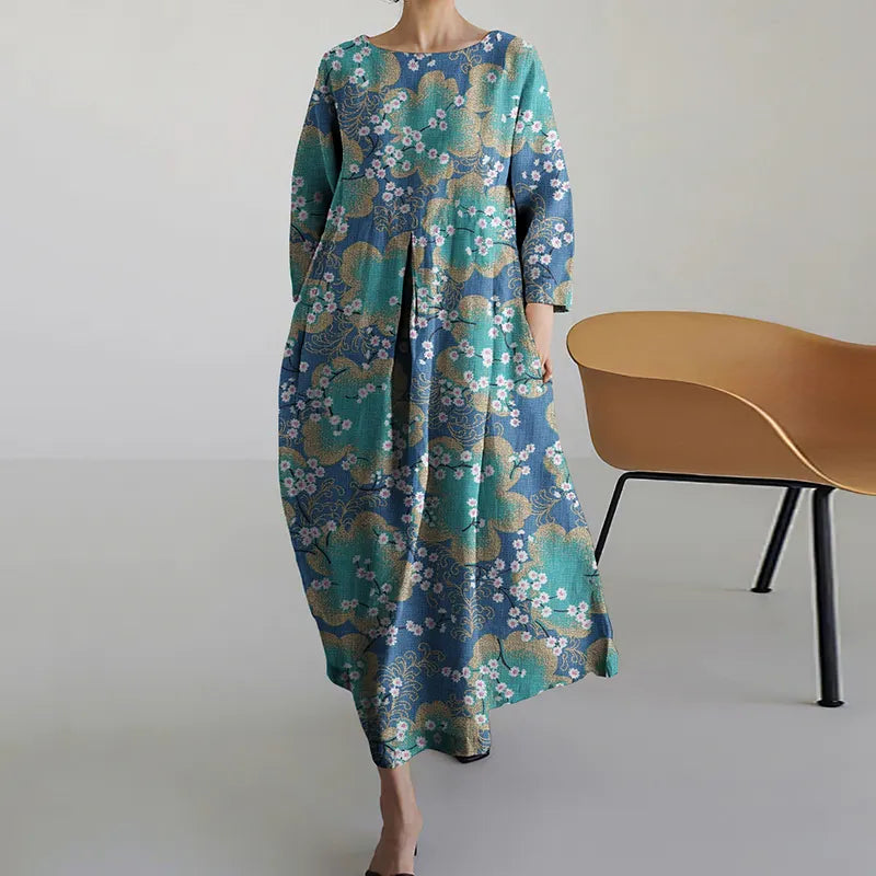 Women's Floral Print Cotton And Linen Dress