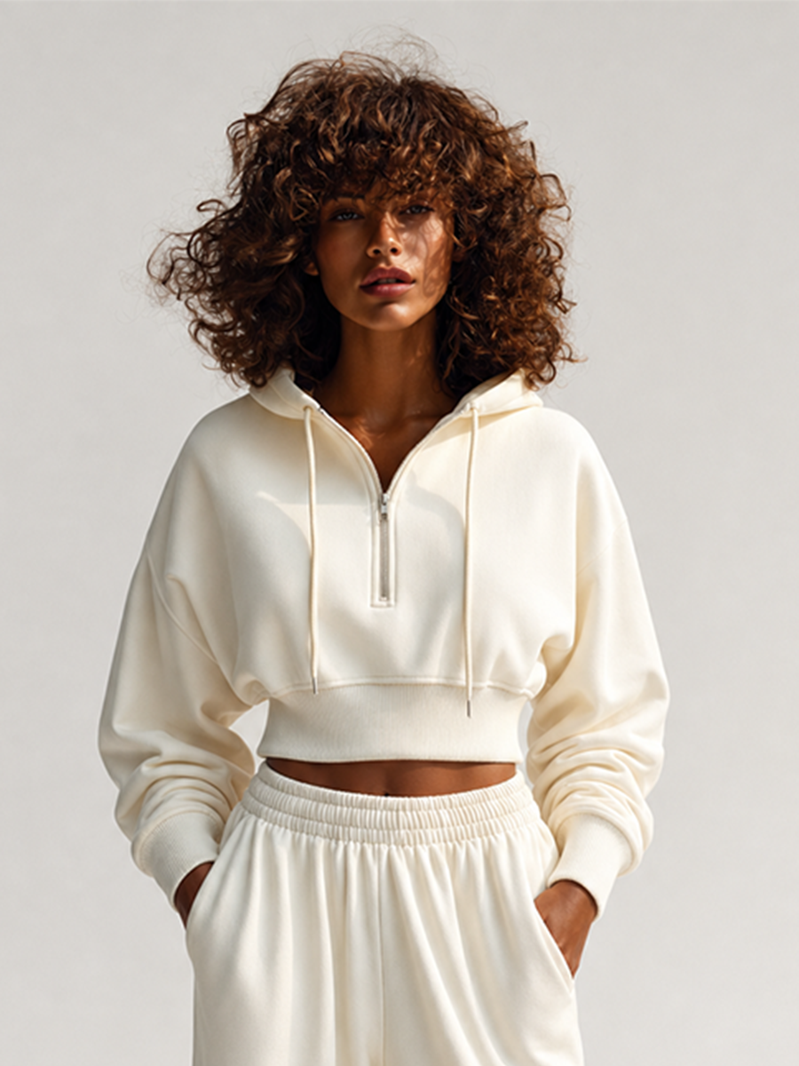Women's Casual Sporty Off-white Half-Zip Hooded Long-Sleeve Cropped Sweatshirt & Elastic-Waist Wide-Leg Sweatpant Set MDZ2460G6CMX