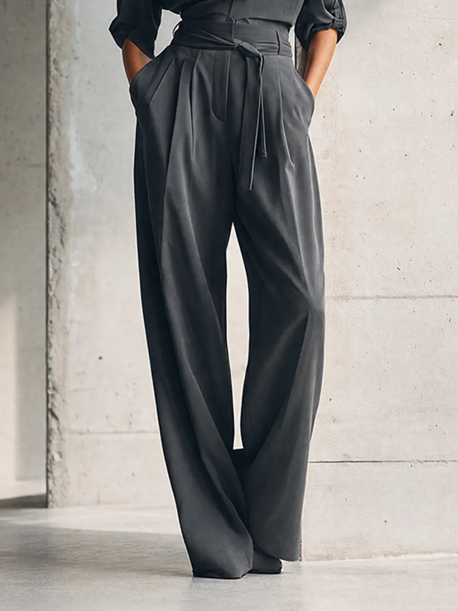 Women's Minimalist Workwear Charcoal Grey Collared Single-Pocket Shirt & High-Waisted Belted Wide-Leg Pants Set MDZ0992G0CMX