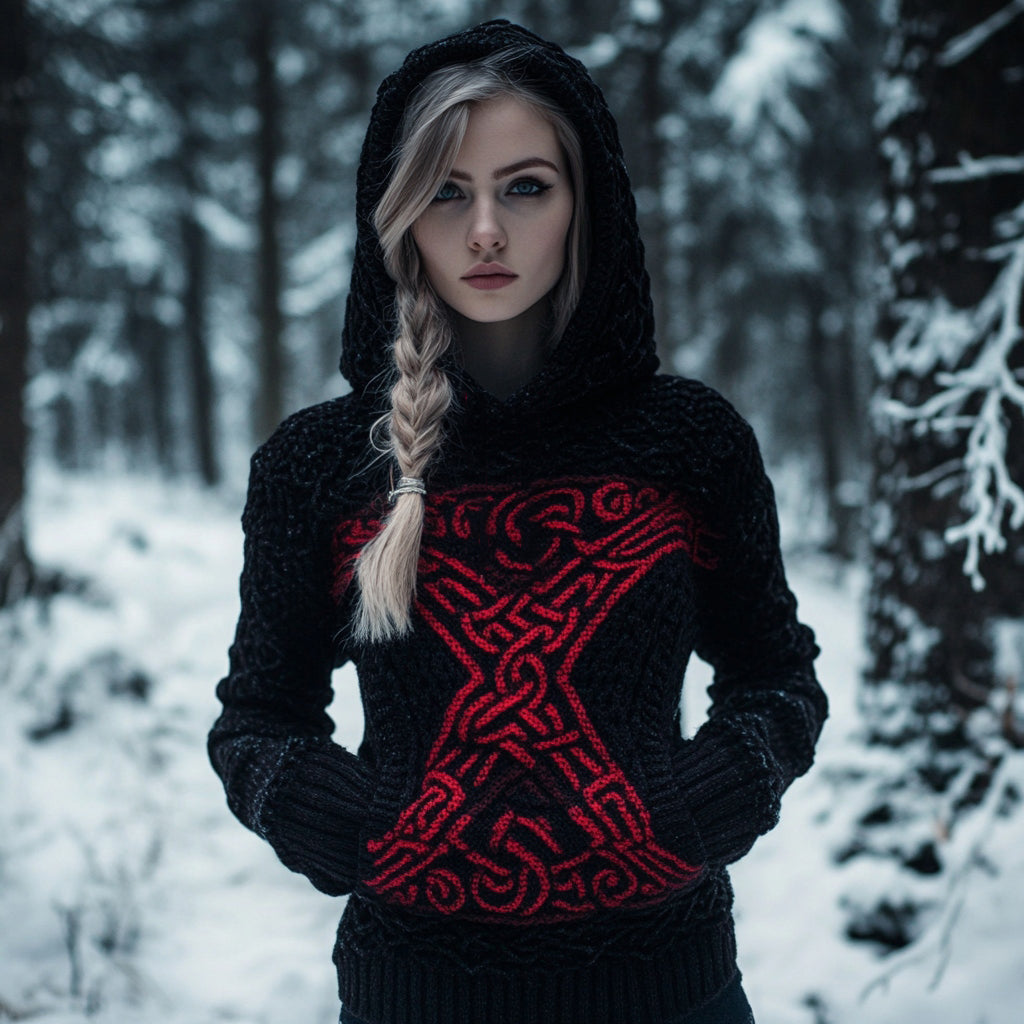 Women's Viking Celtic Text Totem Jacquard Contrast Color Hooded Sweater