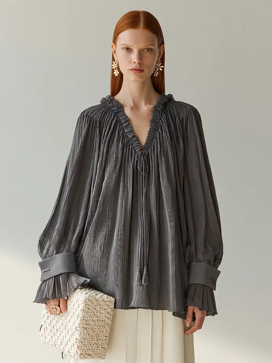 Women's Dark Grey Pleated Chiffon Blouse With Ruffled V Tie Neck & Contrast Cuff Lantern Sleeves, Elegant Loose Casual Long Sleeve Blouse MDZ1316G4LYL