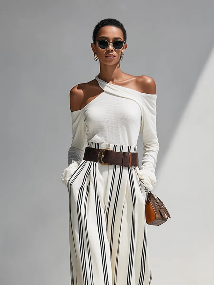 Women's Solid White Light Knit Co-Ord With One Shoulder Cutout Blouse & Pleated Striped Flow Palazzo Trousers, Modern Effortless-Chic Daily Casual Two-Piece Set (without Belt) MDZ0199G0LYL