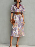 Women's Retro French Style Purple Tone Cotton Blend Paisley Print Lapel Puff Short Sleeve Waist Cinched Midi Shirt Dress MDZ0287G0GMJ