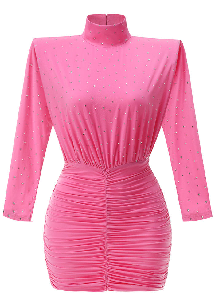 Long Sleeve Crystal Ruched Dress Pink