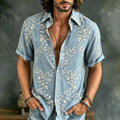 Men's Spring Floral Embroidered Art Print Flowy Linen Blend Short Sleeve Shirt