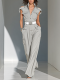 Women's Light Gray Woven Cargo Jumpsuit With Cutout Shoulder Flap Pockets & Stand Collar Button Front ( Without Belt) MDZ2904F4LYL