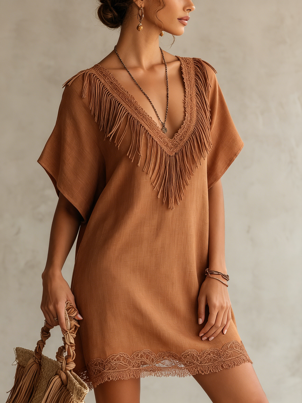 Brown Lace Fringe V-Neck Mini Dress
