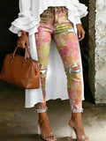 Women's Fashion Retro Ethnic Gradient Floral Artistic Print Casual Skinny Ripped Jeans