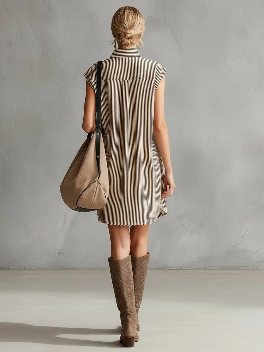 Elegant And Casual Khaki Striped Collared Front Button Sleeveless Mini Dress