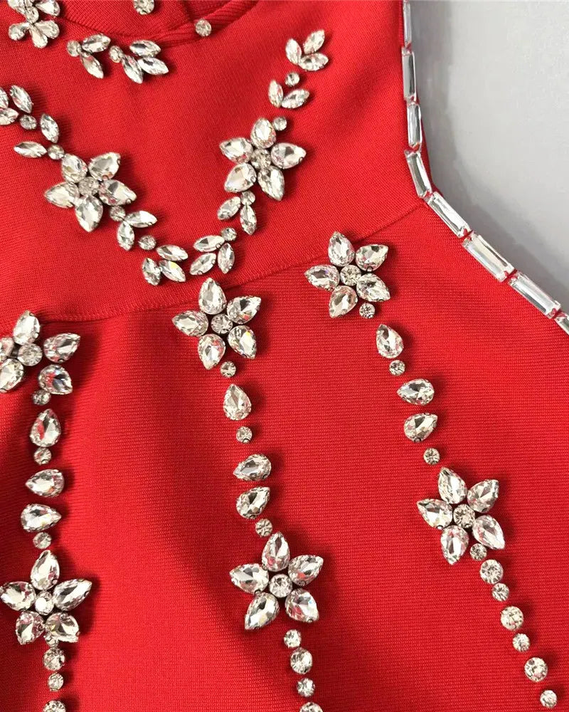 Strapless Crystal Bustier A Line Dress Red