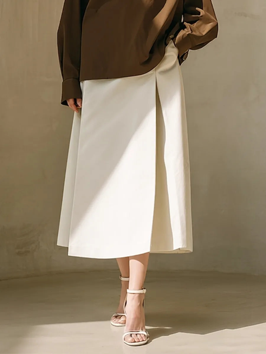 Women's Coffee & Ivory Cotton Two-Piece Set With Oversized Chest Pocket Shirt & High Waist A-Line Midi Skirt, Minimalist Neutral Smart Casual Matching Outfit MDZ0607G5LYL