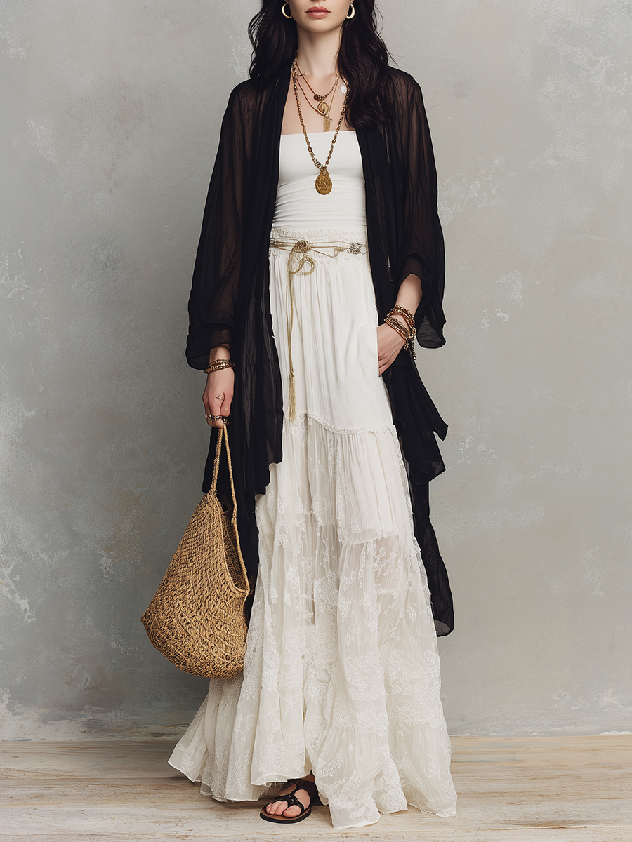 Black Sheer Duster & Ivory Lace Tiered  ¨C Modern Bohemian Elegance Maxi Skirt