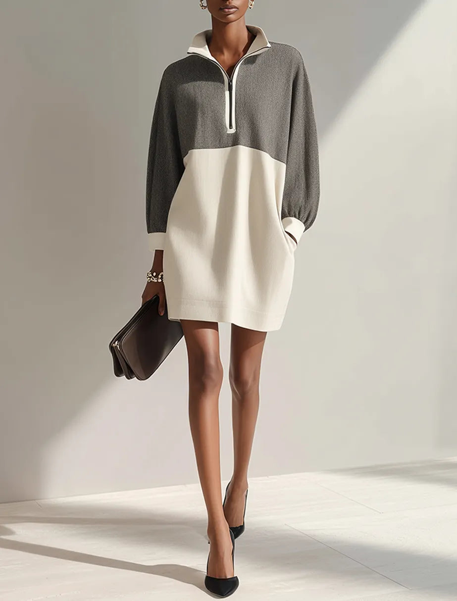 Women's Minimalist Color-Block Knit Mini Dress With Half-Zip Stand Collar MDZ1097G5ZRK