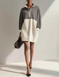 Women's Minimalist Color-Block Knit Mini Dress With Half-Zip Stand Collar MDZ1097G5ZRK