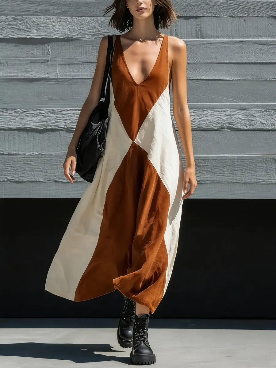 Women's Simple Casual Color-block Cotton Linen Dress
