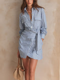 Women's Casual Blue And White Striped Long-sleeve Shirt Dress MDZ0189G0LXY