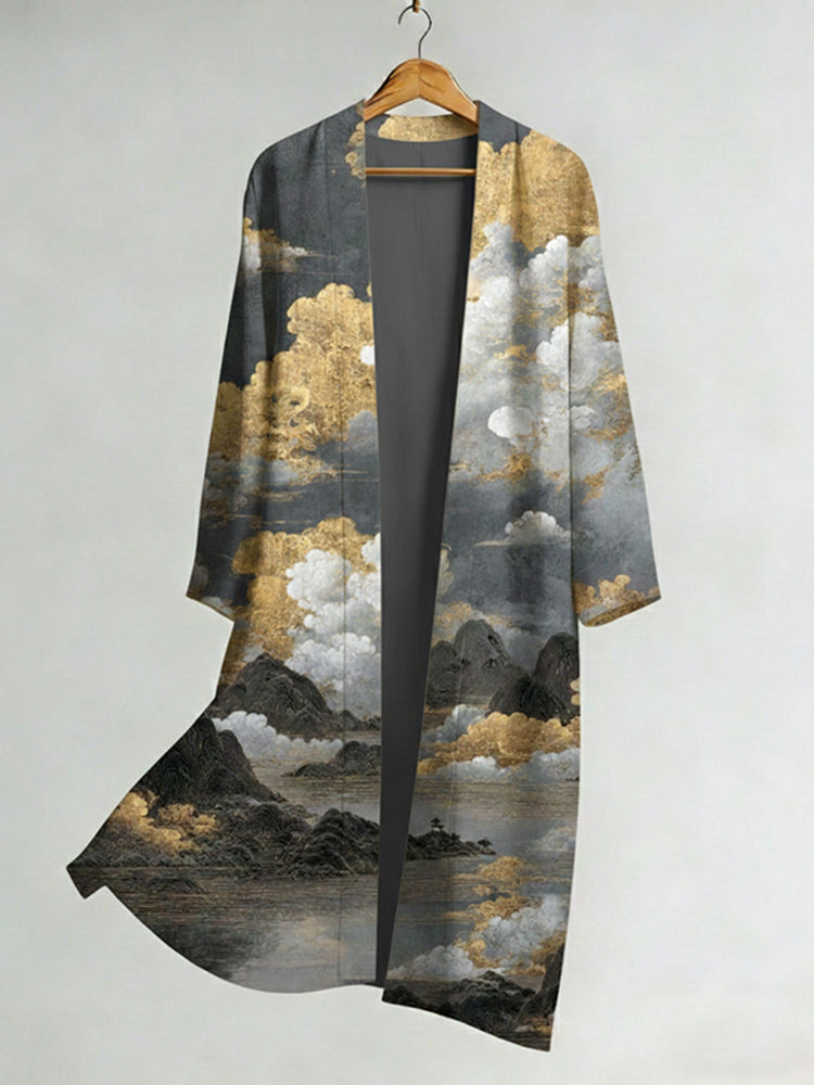 Men's Retro Japanese Landscape Print Linen Long Kimono