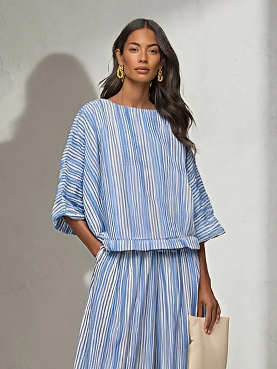 Women's Blue White Vertical Stripe Cotton Blend Two-Piece Set With Boat Neck Batwing Sleeve Top & Elastic Waist Midi Pants, Minimalist Summer Resort Matching Outfit MDZ0695G4LYL