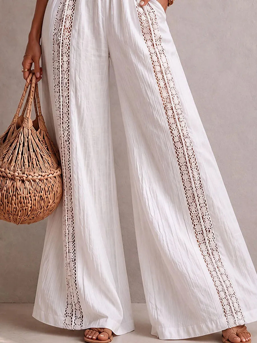 Boho White Halter Lace-Trim Smocked Waist Wide-Leg Jumpsuit