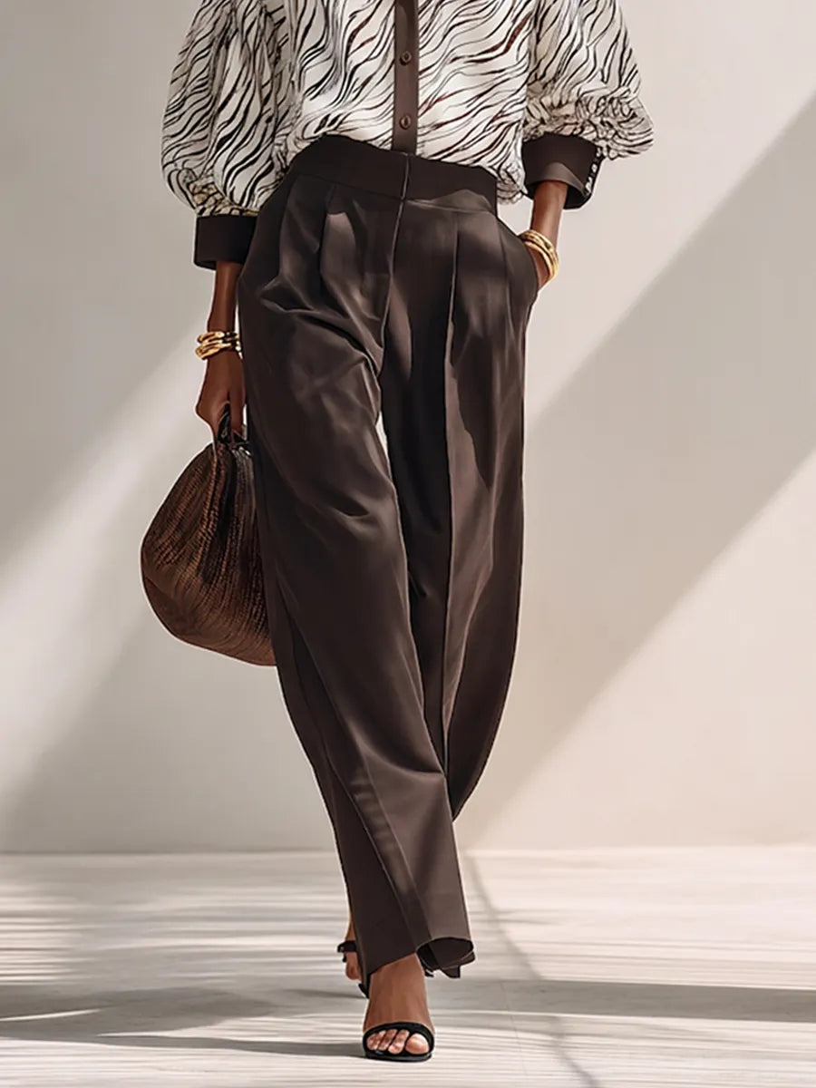 Women's Casual Dark Brown Wide-Leg Tailored Pants MDZ0626G8ZRK