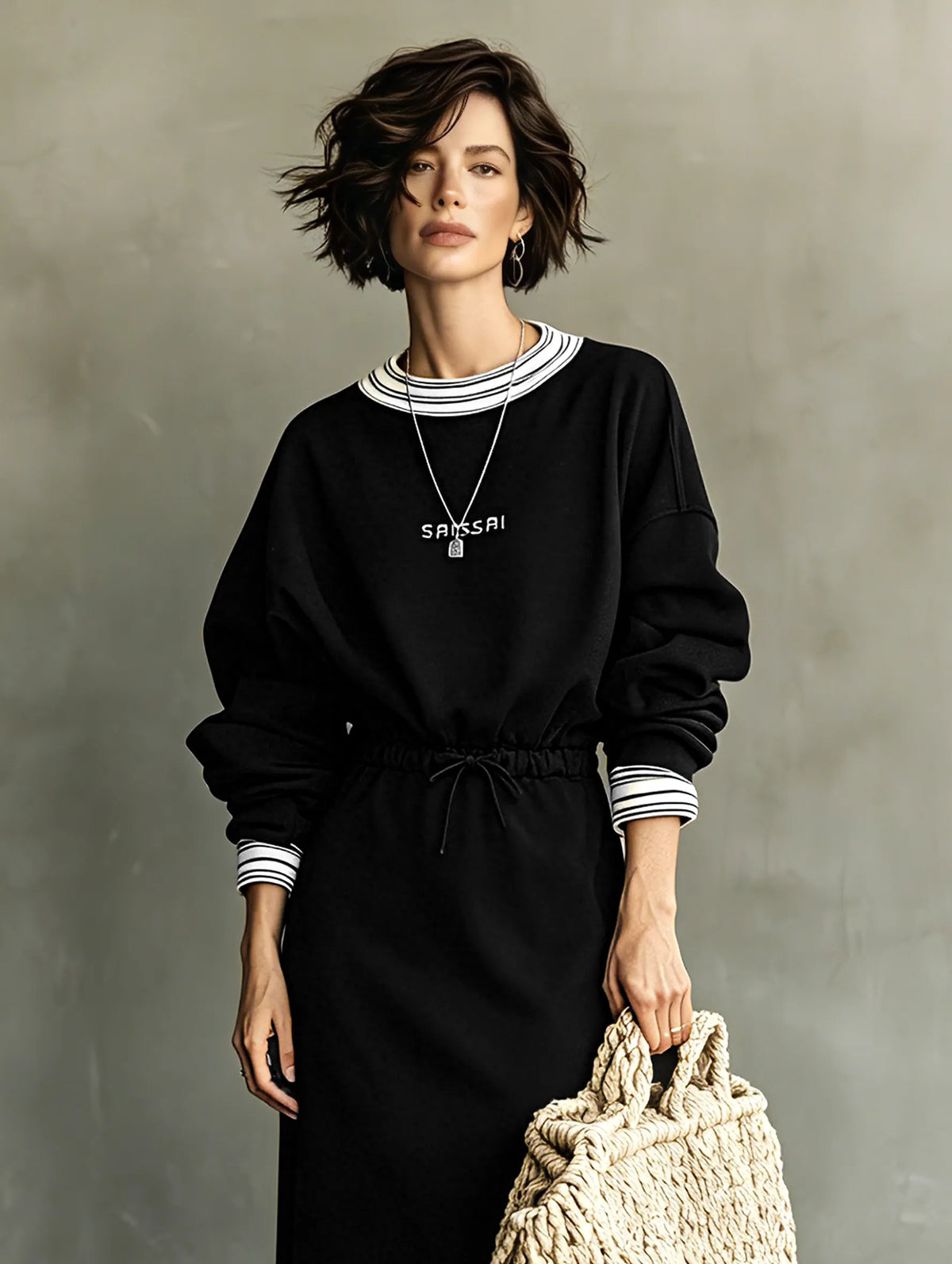 Women's Casual Long-Sleeve Letter-Embroidered Drawstring-Waist Maxi Sweatshirt Dress MDZ2052G9WY