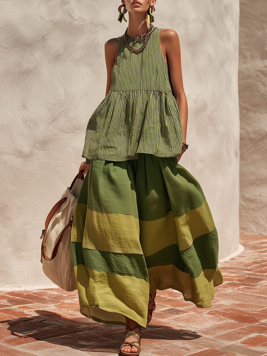 Retro-chic Striped Top And Color-blocked Wide-leg Pants
