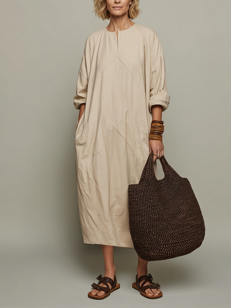 Women's Beige Cotton Midi Kaftan Dress With Split Crew Neck & Rolled Three Quarter Sleeves, Minimalist Lagenlook Loose Casual Midi Dress MDZ1431G2LYL