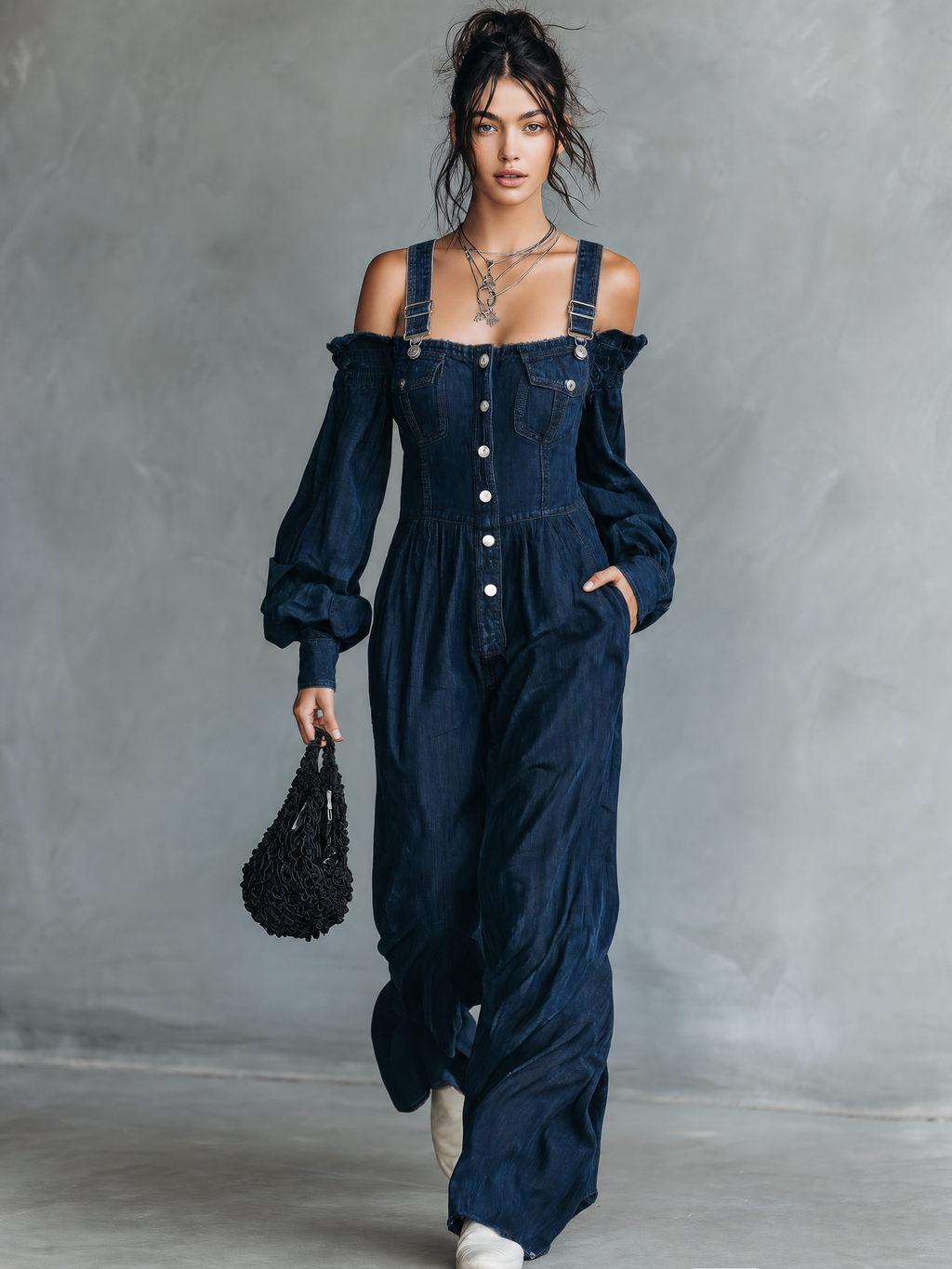 Women's Casual Dark Blue Denim Long-sleeve Overall Jumpsuit MDZ2425G0LXY