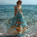 Aquarium Aesthetic Golden Fish & Coral Flowy Maxi Dress