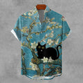Men's Cat And Apricot Blossom Art Pattern Linen Shirt