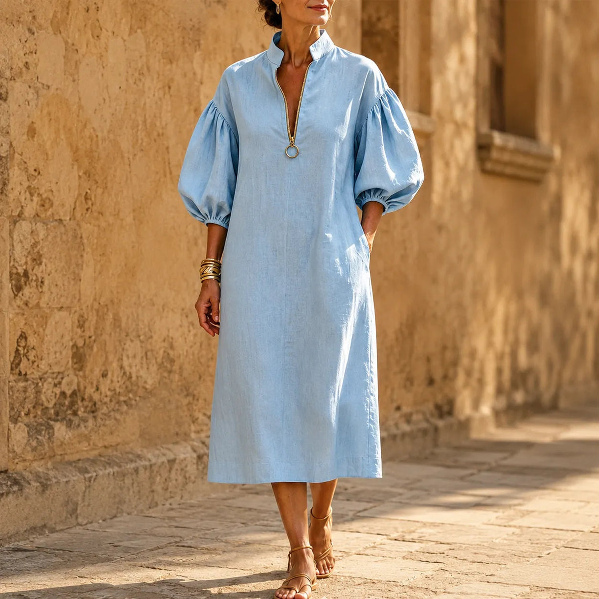 Solvana – Half-Zip Puff Sleeve Loose Midi Dress with Pockets