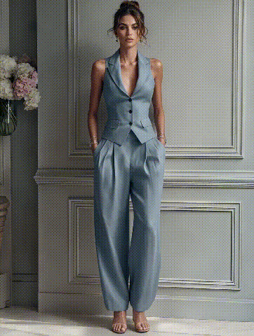 Women's Elegant Tailored Vest & Wide-Leg Pants Set - 2 Piece Chic Power Suit for Office & Leisure