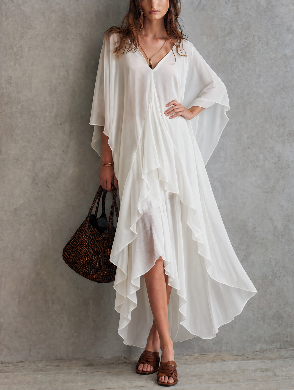 Women's Casual White Chiffon Maxi Dress With V-neck And Batwing Sleeves MDZ1728G4LXY