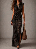 Vintage Black Floral Lace Ruched High Slit Maxi Dress