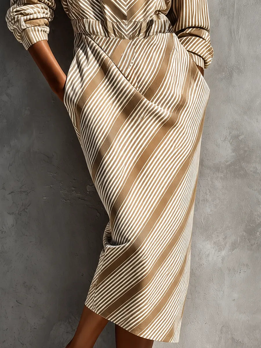 Women's Khaki Cotton-linen Stripe Collared Half Zip Waist Pocket Midi Shirt Dress MDZ0820G9YZJ