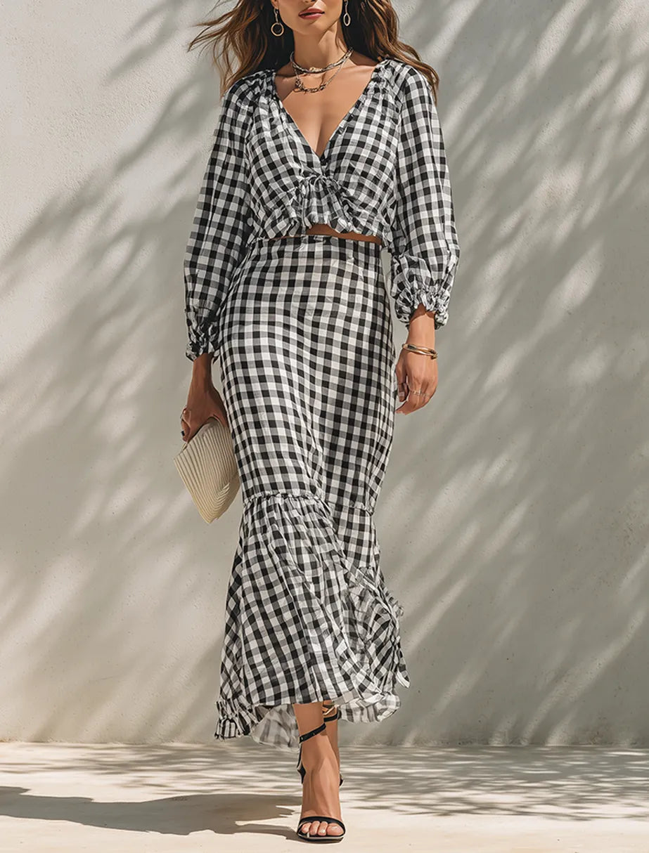 Women's Cotton-Linen Blend V-Neck Cropped Top & Ruffled Mermaid Midi Skirt Set MDZ0844G3ZRK