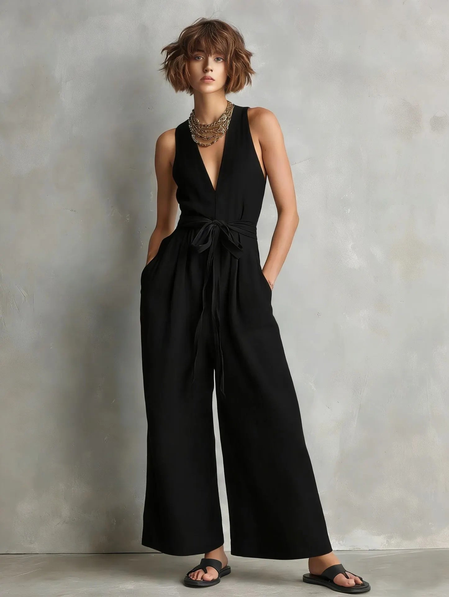 Momocco Elegant Waist-Knot Jumpsuit - Sleeveless Wide-Leg One-Piece Quiet Luxury Set