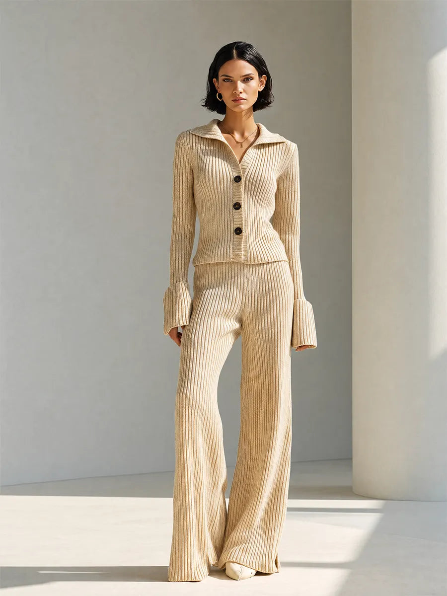 Women's Elegant Oatmeal Beige Ribbed Knit Collared Button-Front Flared Cuff Cardigan And Wide-Leg Pants Two-Piece SetMDZ2180G5ZSQ
