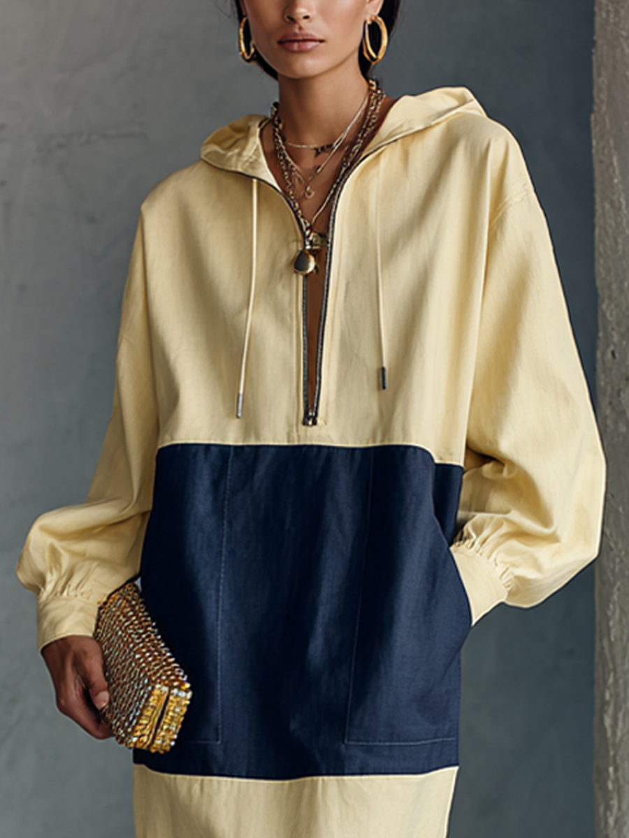 Women's Minimal Casual Pale Yellow Spliced Navy Cotton Blend Half Zip Hooded Long Sleeve Midi Dress MDZ1460G6GMJ