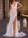 Wedding Halter-Neck Plunging Feathers Backless Split-Side White Maxi Dresses