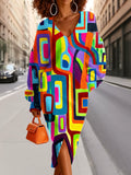 Fashion Geometric Stripe Art Print V Neck Sweater Midi Dress