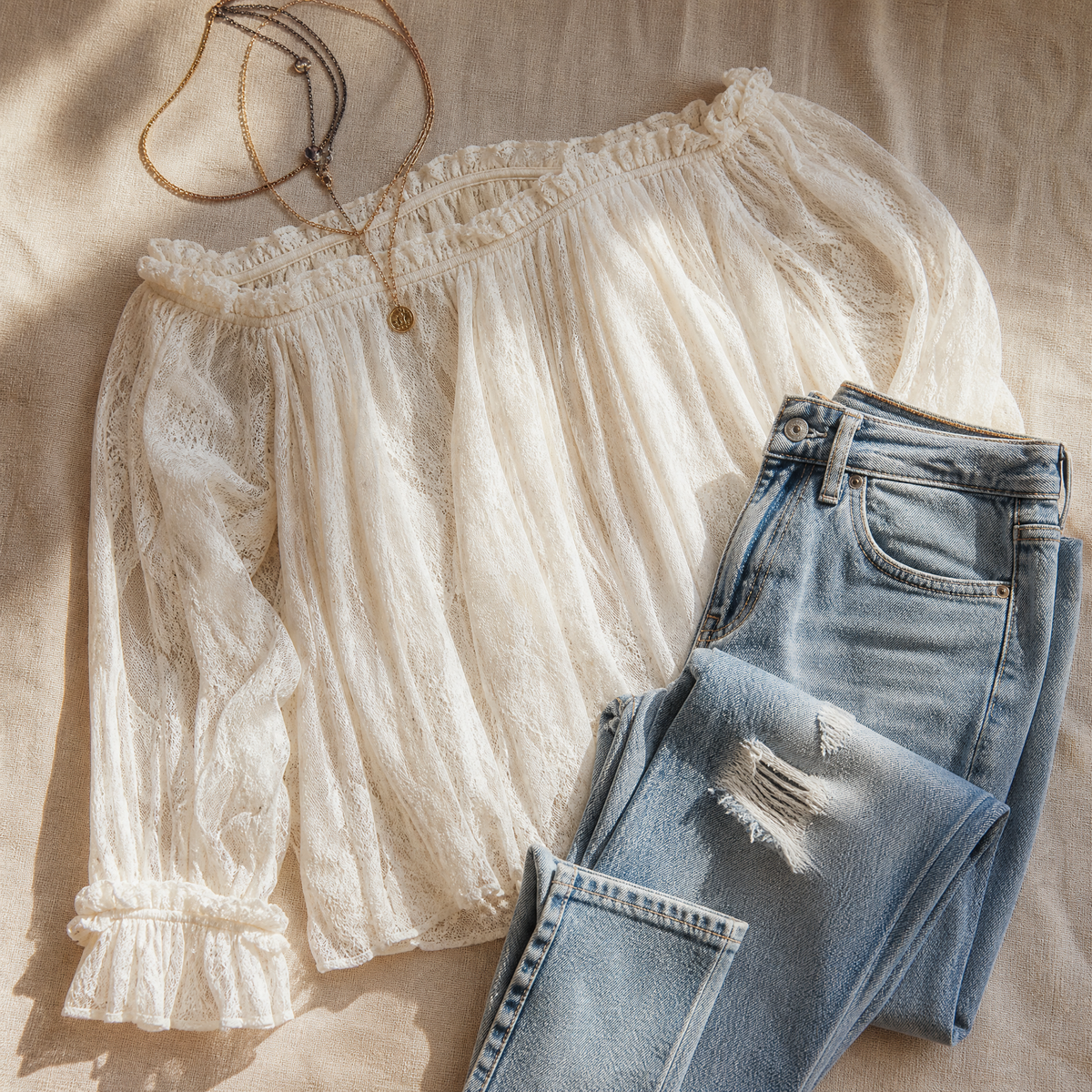 Veluna - Off-Shoulder Lace Blouse with Bell Sleeves