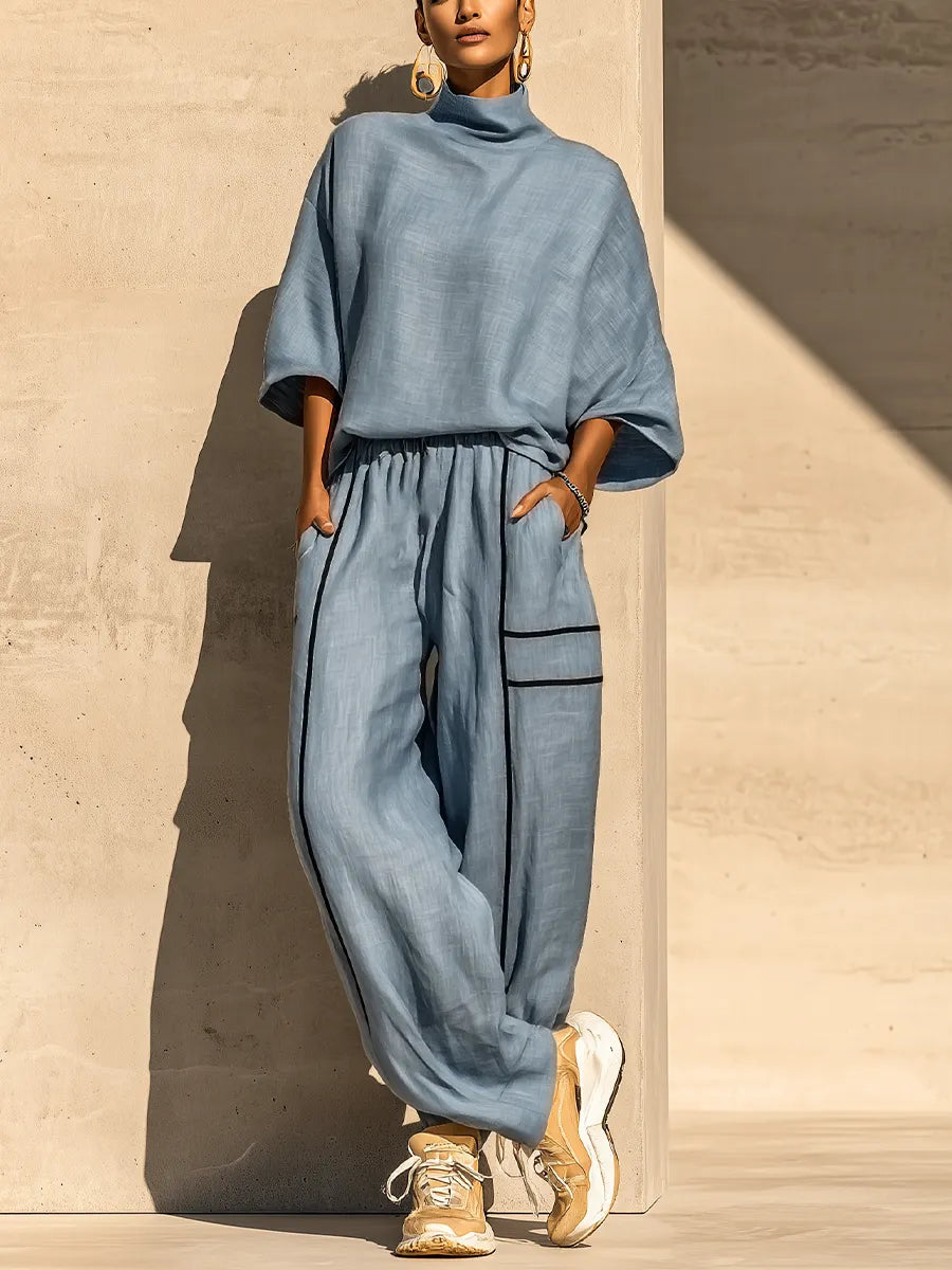 Women's Dusty Blue Linen Turtleneck Three Quarter Sleeve Top Contrast Stripe Drawstring Wide Leg Pants Two Piece Set MDZ0964G5YZJ