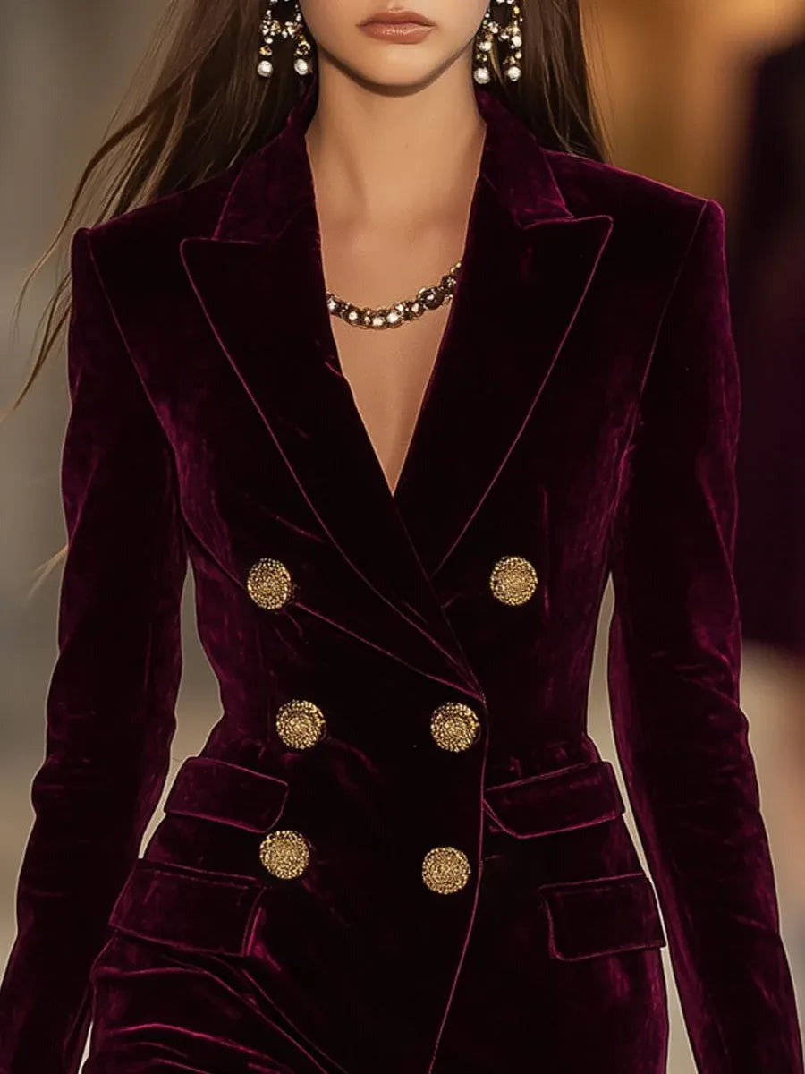 Vintage Anchor Red Velvet Double-Breasted Pocket Suit Mini Dress