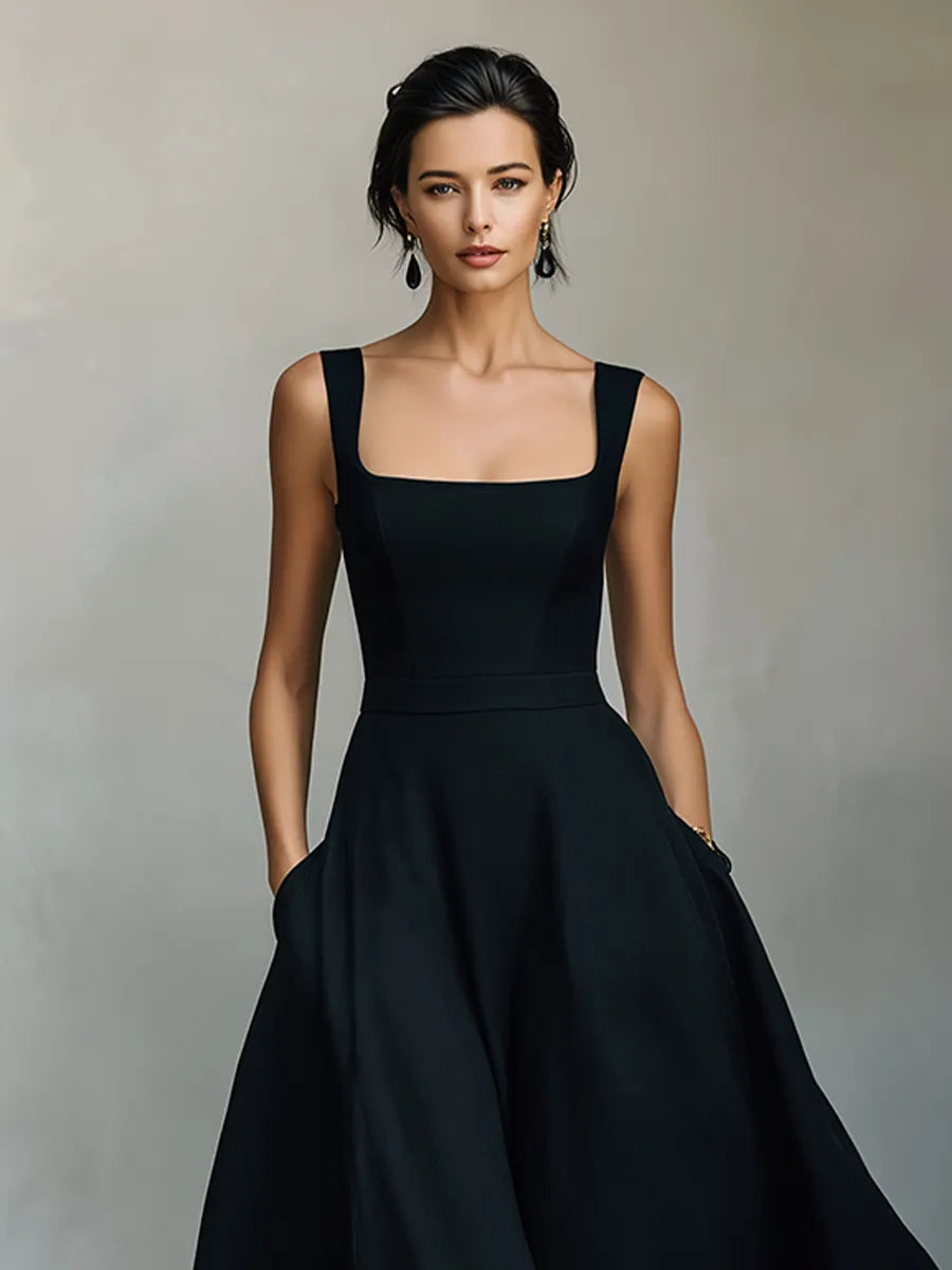 Women's Black Cotton-Blend Maxi Dress With Wide Square Neck Thick Straps & Side Patch Pockets, Minimalist Elegant Formal Swing Dress MDZ2269F2LYL