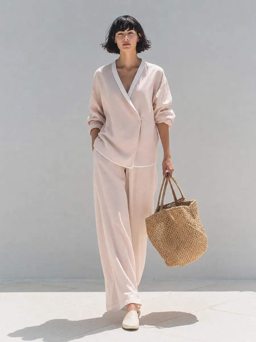 Women's Minimalist Blush Pink Viscose Blend V-Neck Contrast Trim Wrap Front Long Sleeve Top And Wide-Leg Pants Two-Piece Set MDZ1355G4ZSQ