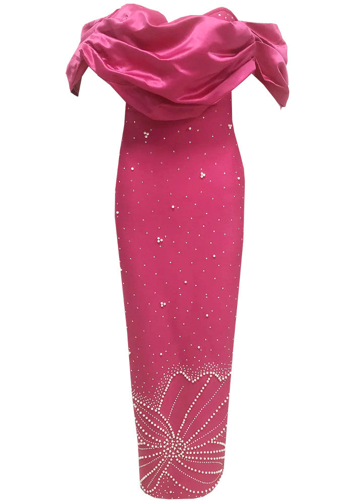 Draped Bardot Crystal Pearl Floral Maxi Dress Hot Pink